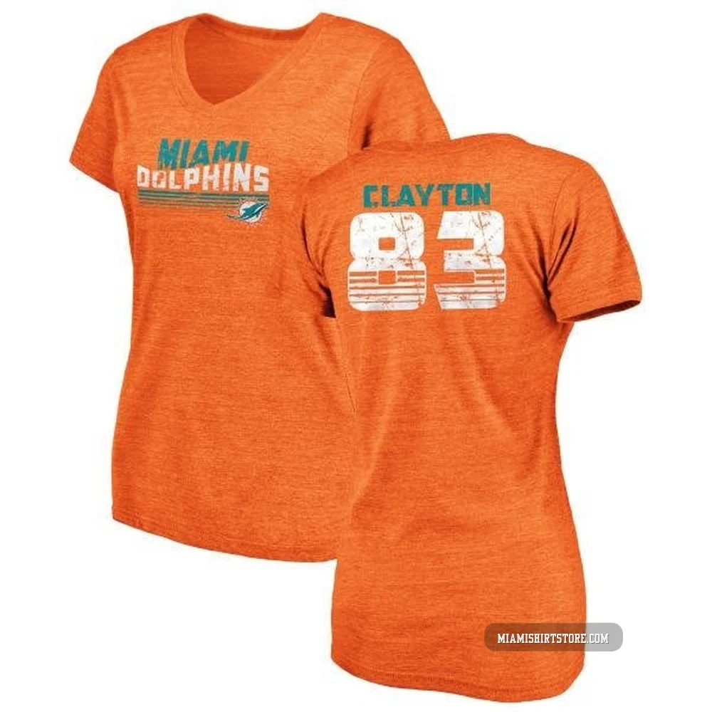 Women's Mark Clayton Miami Dolphins ＃83 Orange Pro Line by Retro Tri-Blend V-Neck T-Shirt -