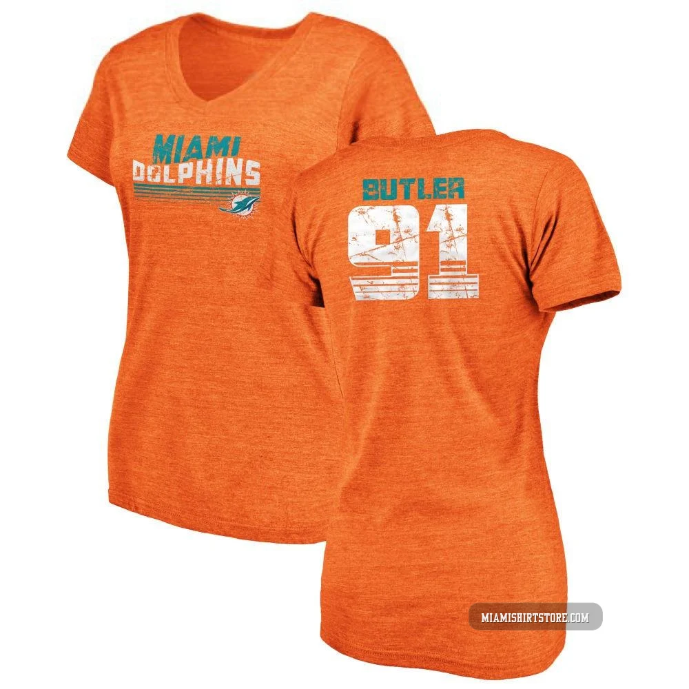 Women's Matthew Butler Miami Dolphins ＃91 Orange Pro Line by Retro Tri-Blend V-Neck T-Shirt -