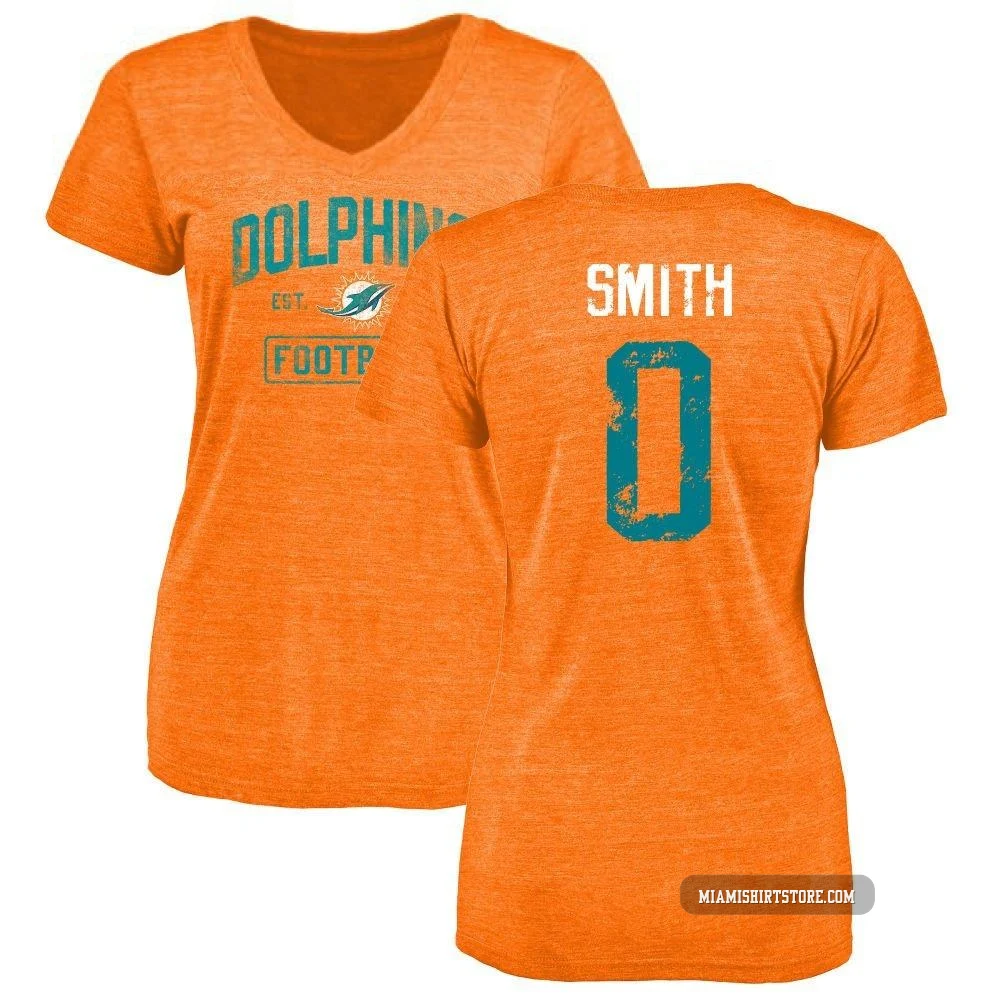 Women's Mazi Smith Miami Dolphins ＃0 Orange Distressed Name & Number Tri-Blend V-Neck T-Shirt