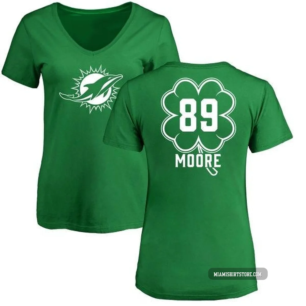 Women's Nat Moore Miami Dolphins ＃89 Green St. Patrick's Day Name & Number V-Neck T-Shirt