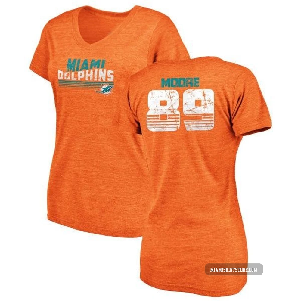 Women's Nat Moore Miami Dolphins ＃89 Orange Pro Line by Retro Tri-Blend V-Neck T-Shirt -