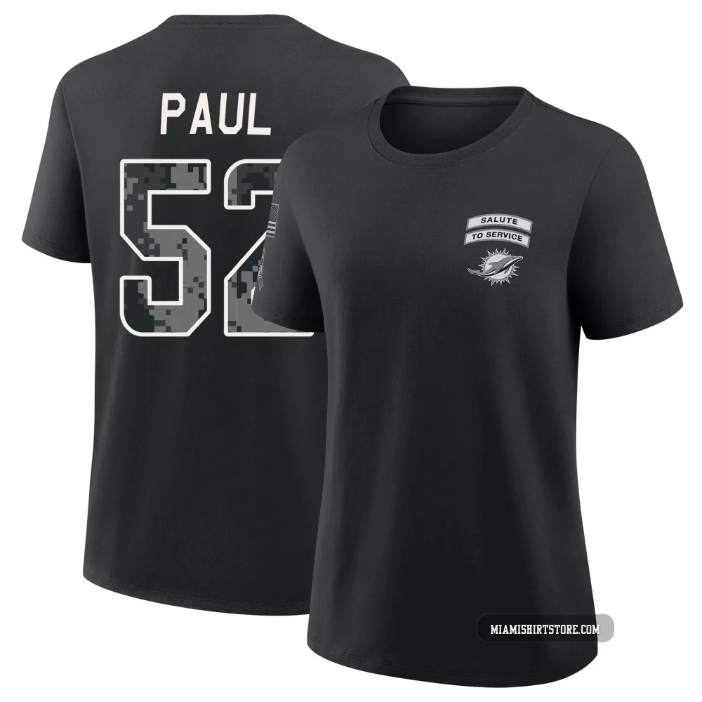 Women's Patrick Paul Miami Dolphins ＃52 Black 2026 Salute to Service T-Shirt