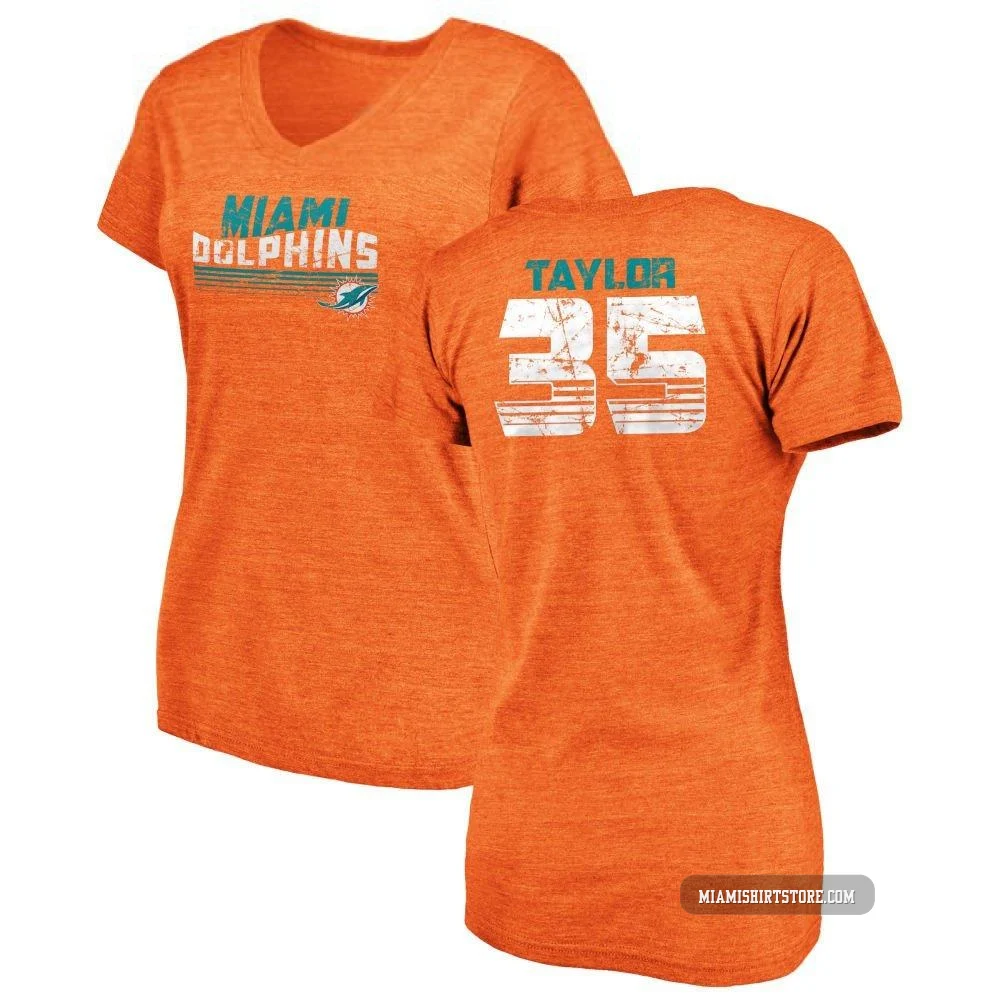 Women's Reese Taylor Miami Dolphins ＃35 Orange Pro Line by Retro Tri-Blend V-Neck T-Shirt -