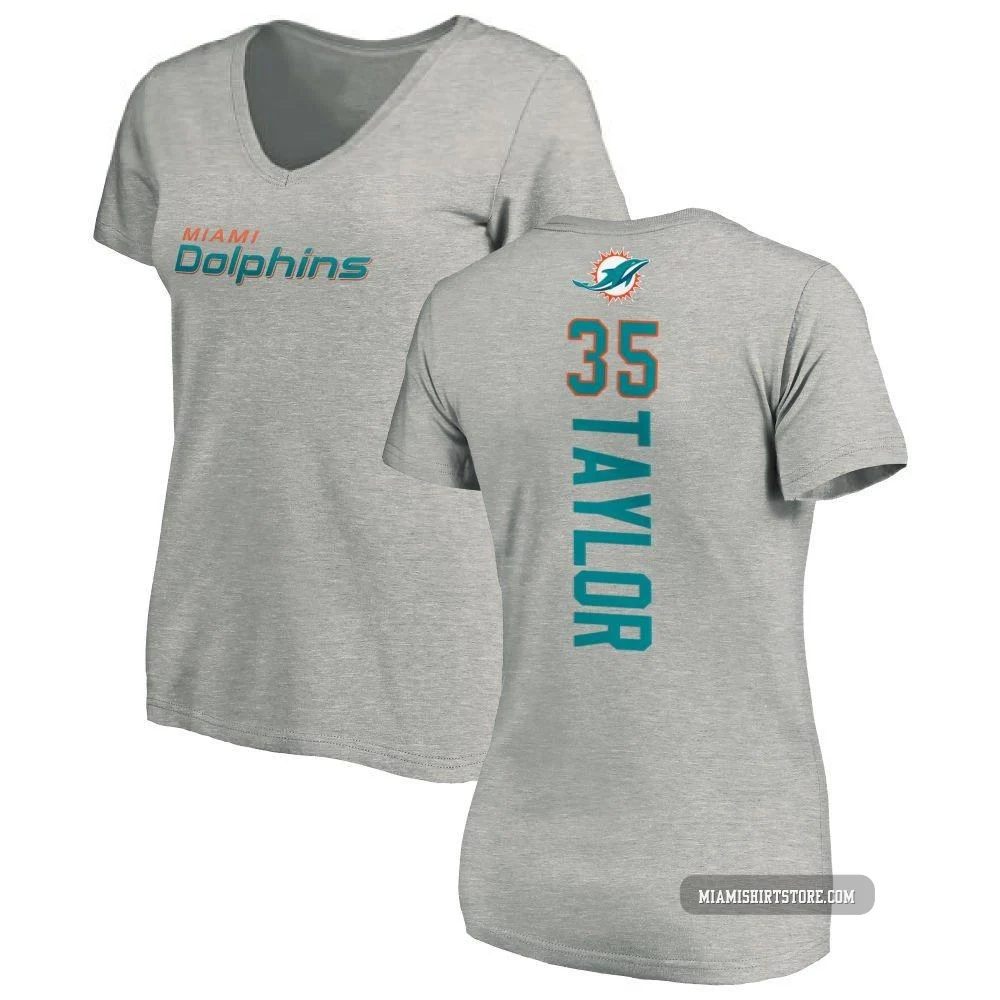 Women's Reese Taylor Miami Dolphins ＃35 Pro Line Backer V-Neck T-Shirt - Ash