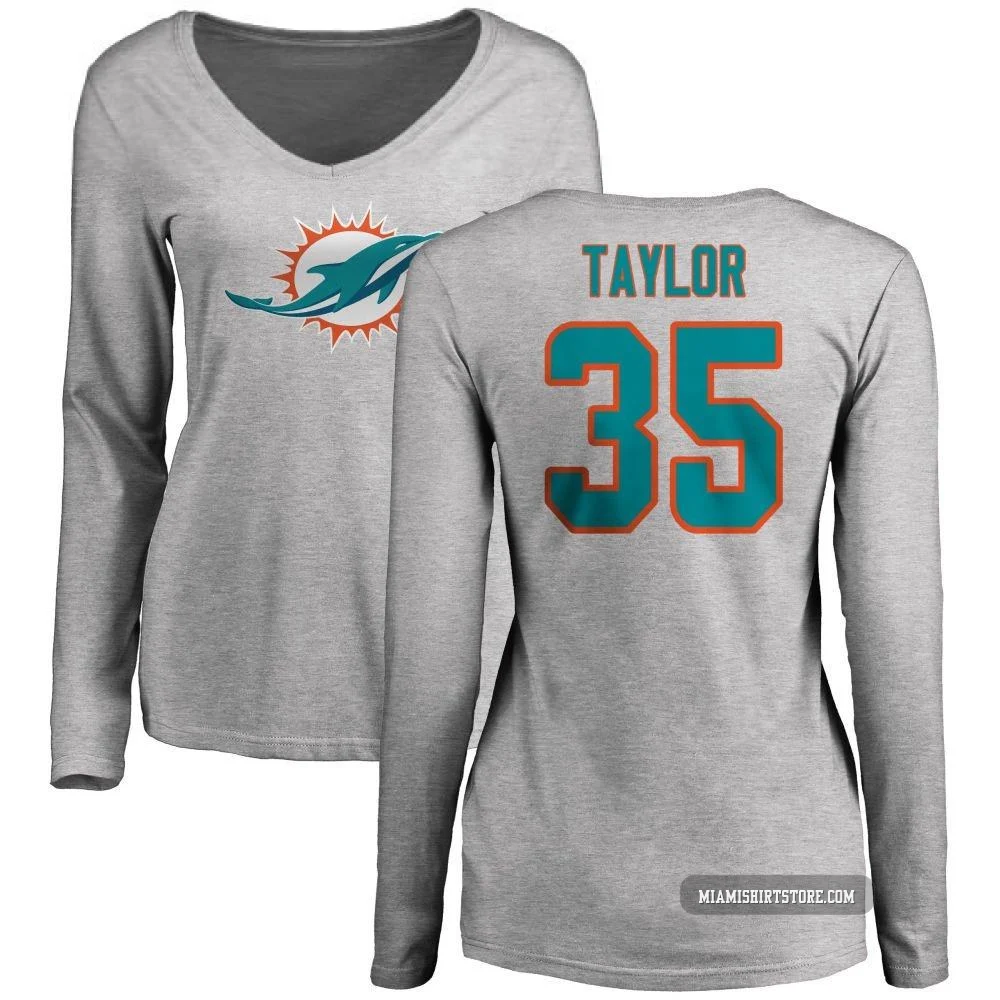 Women's Reese Taylor Miami Dolphins ＃35 Pro Line Name & Number Logo Slim Fit Long Sleeve T-Shirt - Ash