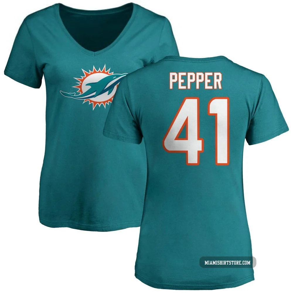 Women's Taybor Pepper Miami Dolphins ＃41 Aqua Pro Line Name & Number Logo Slim Fit T-Shirt -