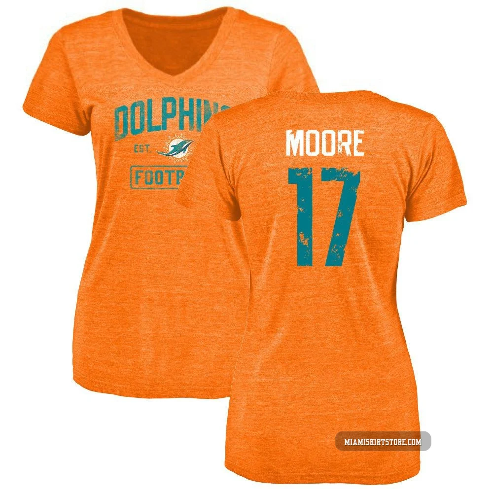 Women's Trey Moore Miami Dolphins ＃17 Orange Distressed Name & Number Tri-Blend V-Neck T-Shirt