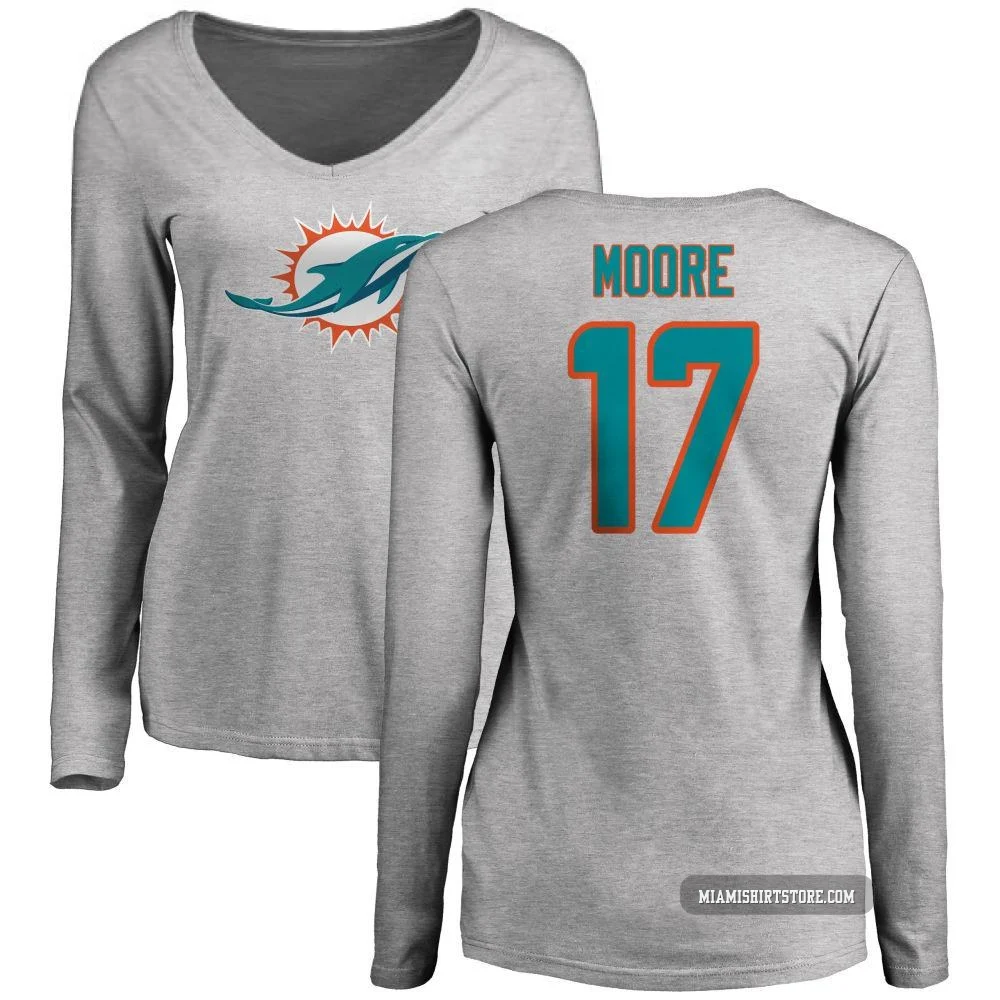 Women's Trey Moore Miami Dolphins ＃17 Pro Line Name & Number Logo Slim Fit Long Sleeve T-Shirt - Ash