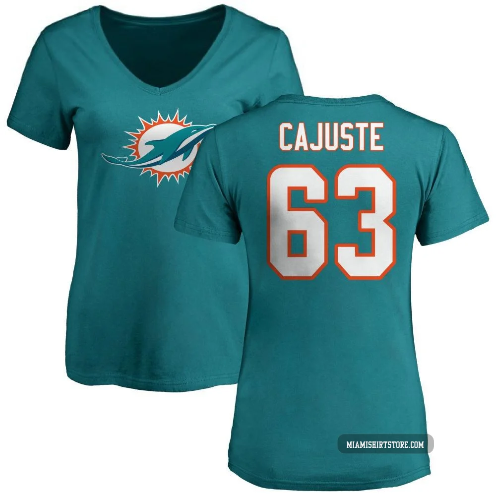 Women's Yodny Cajuste Miami Dolphins ＃63 Aqua Pro Line Name & Number Logo Slim Fit T-Shirt -
