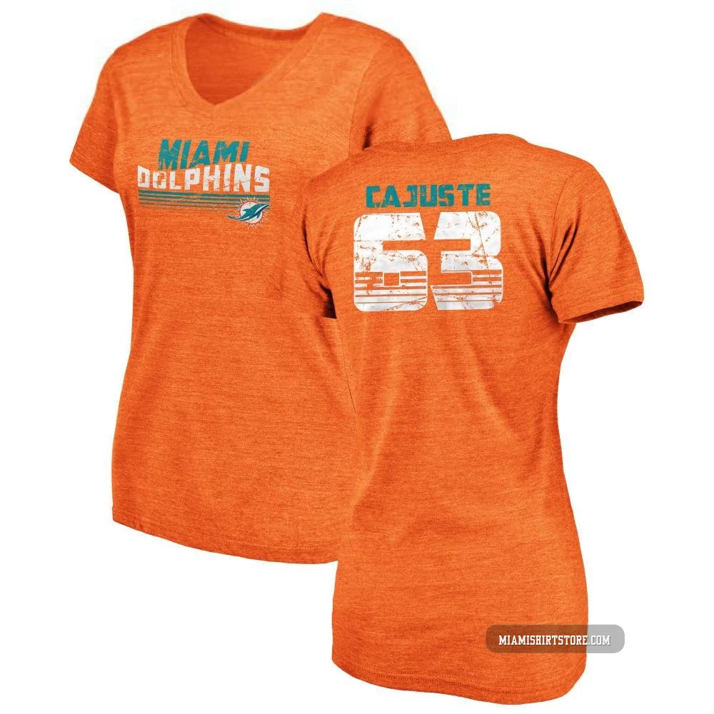 Women's Yodny Cajuste Miami Dolphins ＃63 Orange Pro Line by Retro Tri-Blend V-Neck T-Shirt -