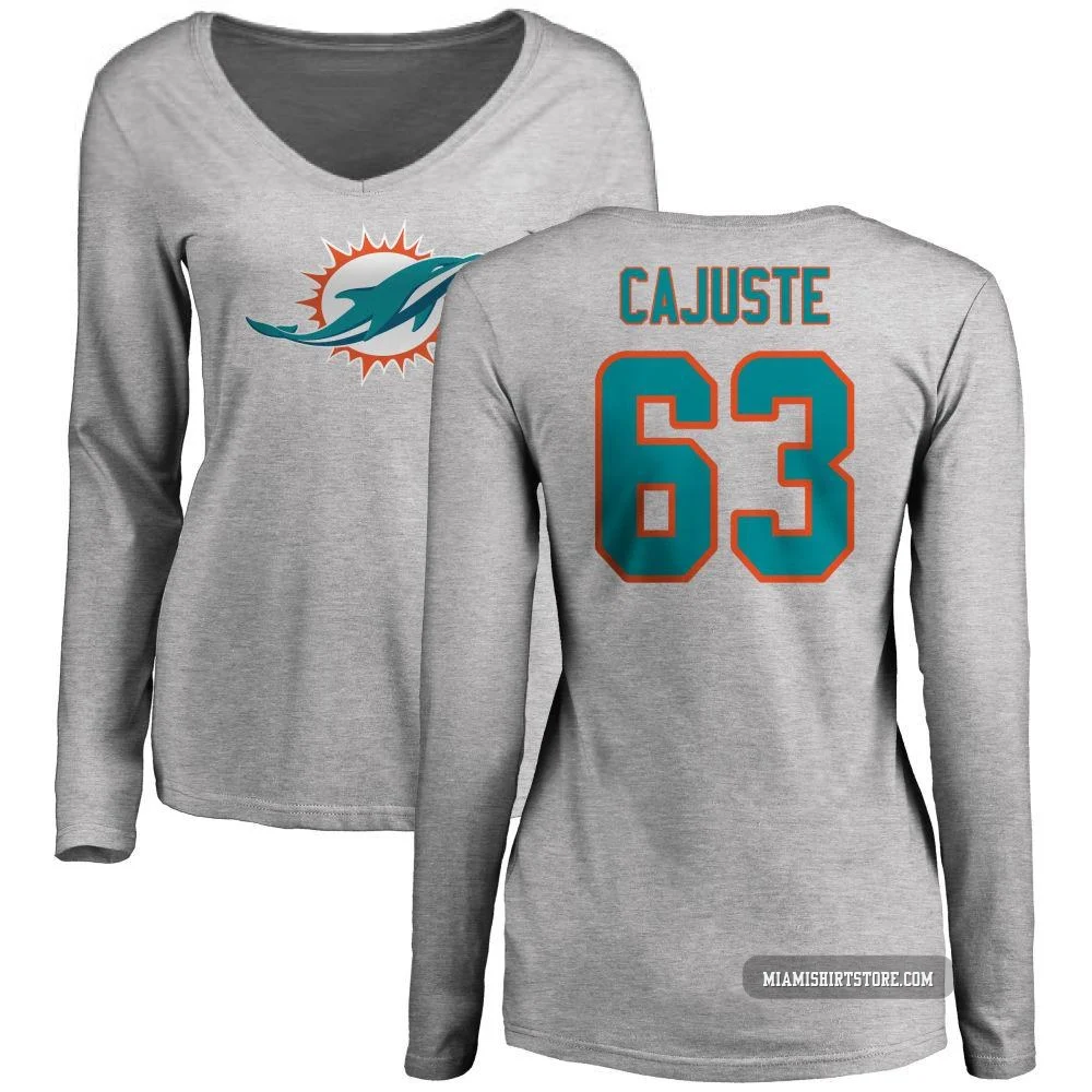 Women's Yodny Cajuste Miami Dolphins ＃63 Pro Line Name & Number Logo Slim Fit Long Sleeve T-Shirt - Ash