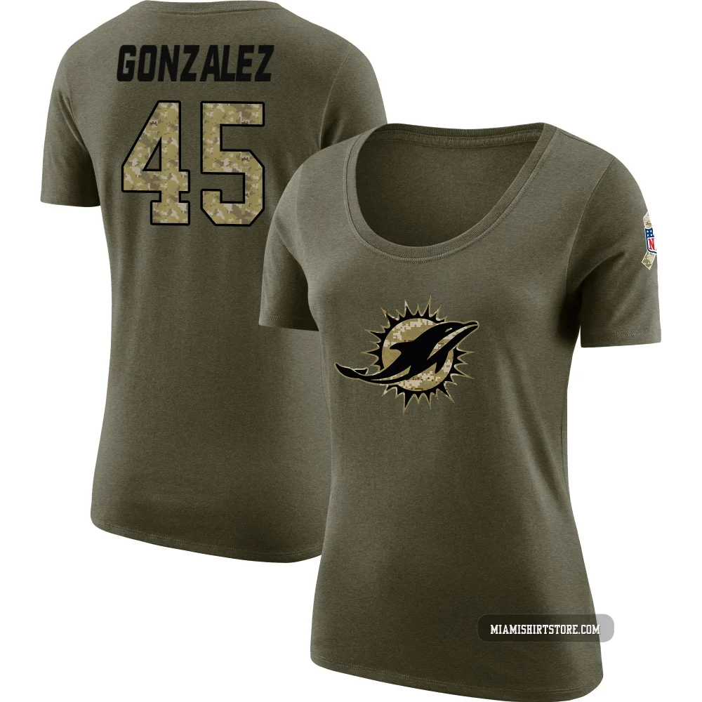 Women's Zane Gonzalez Miami Dolphins ＃45 Legend Olive Salute to Service Scoop Neck T-Shirt