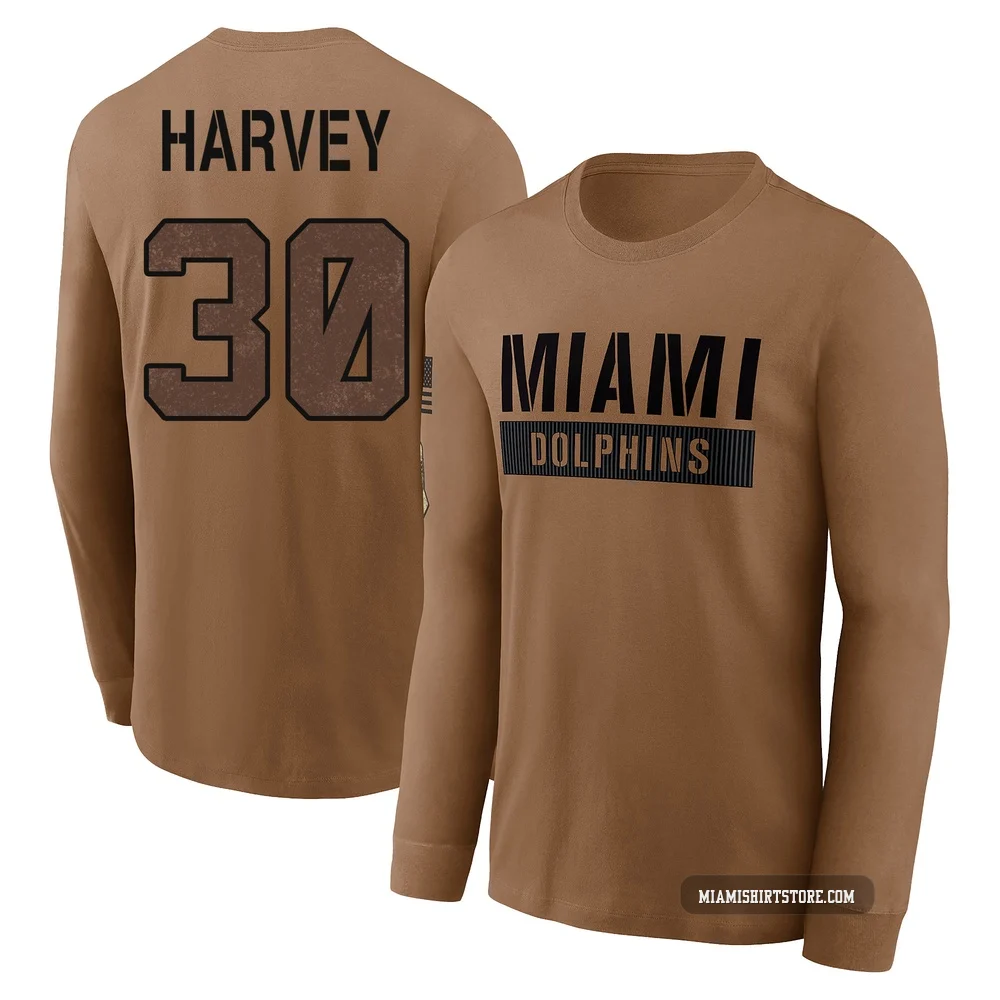 Youth Ahmari Harvey Miami Dolphins ＃30 Brown 2023 Salute To Service Long Sleeve T-Shirt