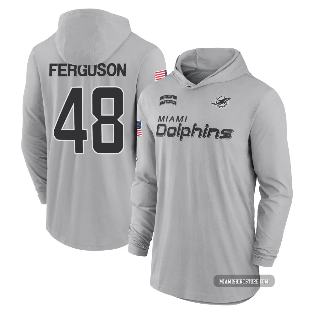 Youth Blake Ferguson Miami Dolphins ＃48 Gray 2024 Salute to Service Lightweight Performance Long Sleeve Hooded T-Shirt