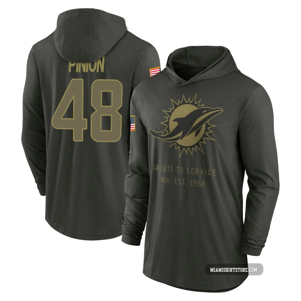 Youth Bradley Pinion Miami Dolphins ＃48 Forest/Green 2025 Salute to Service Sideline Lightweight Hooded Pullover Long Sleeve T-S