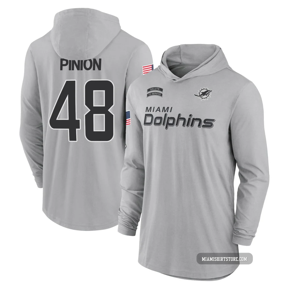 Youth Bradley Pinion Miami Dolphins ＃48 Gray 2024 Salute to Service Lightweight Performance Long Sleeve Hooded T-Shirt