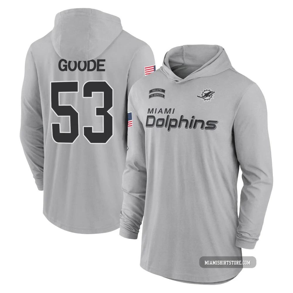 Youth Cameron Goode Miami Dolphins ＃53 Gray 2024 Salute to Service Lightweight Performance Long Sleeve Hooded T-Shirt