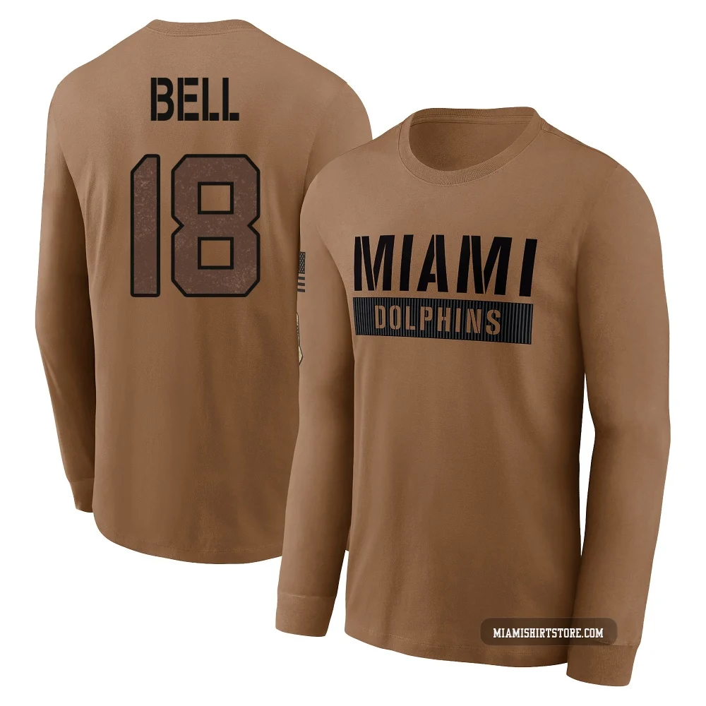 Youth Chris Bell Miami Dolphins ＃18 Brown 2023 Salute To Service Long Sleeve T-Shirt