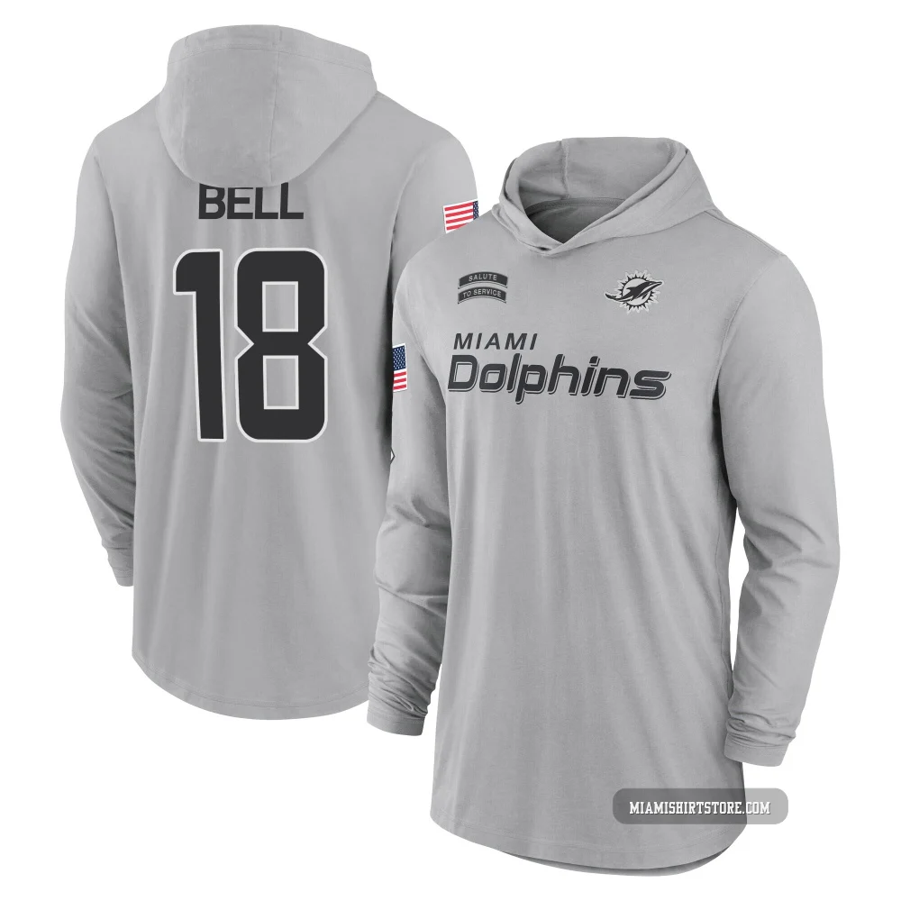 Youth Chris Bell Miami Dolphins ＃18 Gray 2024 Salute to Service Lightweight Performance Long Sleeve Hooded T-Shirt