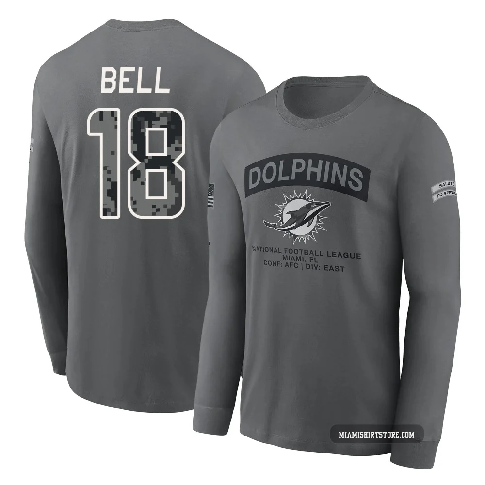 Youth Chris Bell Miami Dolphins ＃18 Gray 2026 Salute to Service Long Sleeve T-Shirt