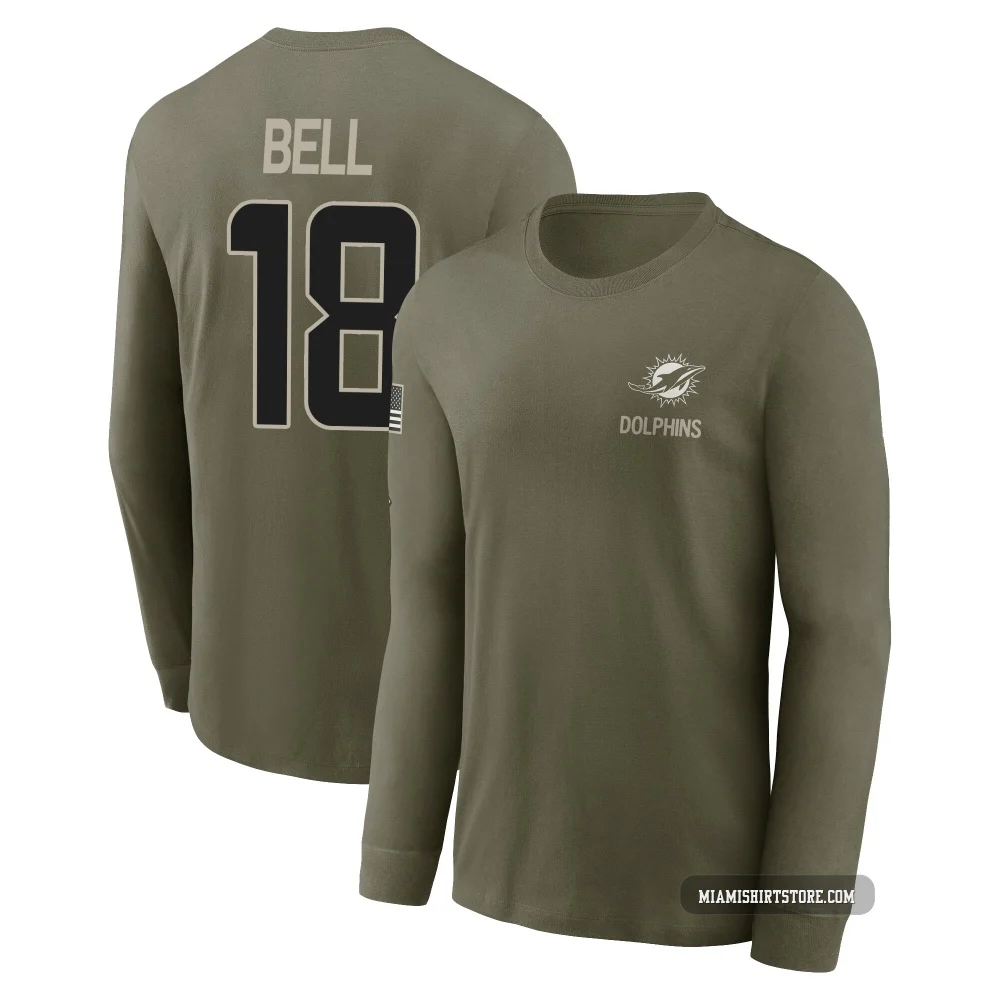 Youth Chris Bell Miami Dolphins ＃18 Olive 2025 Salute to Service Sideline Long Sleeve T-Shirt