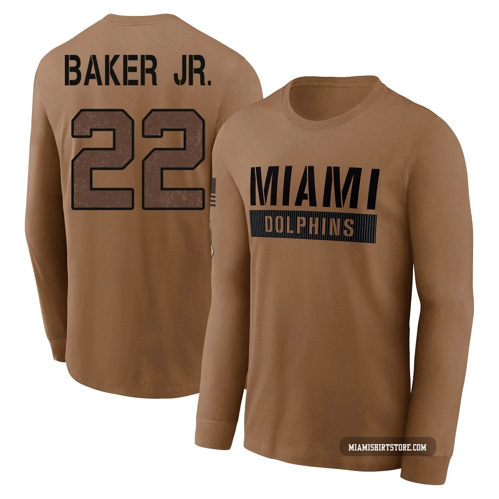 Youth Darrell Baker Jr. Miami Dolphins ＃22 Brown 2023 Salute To Service Long Sleeve T-Shirt