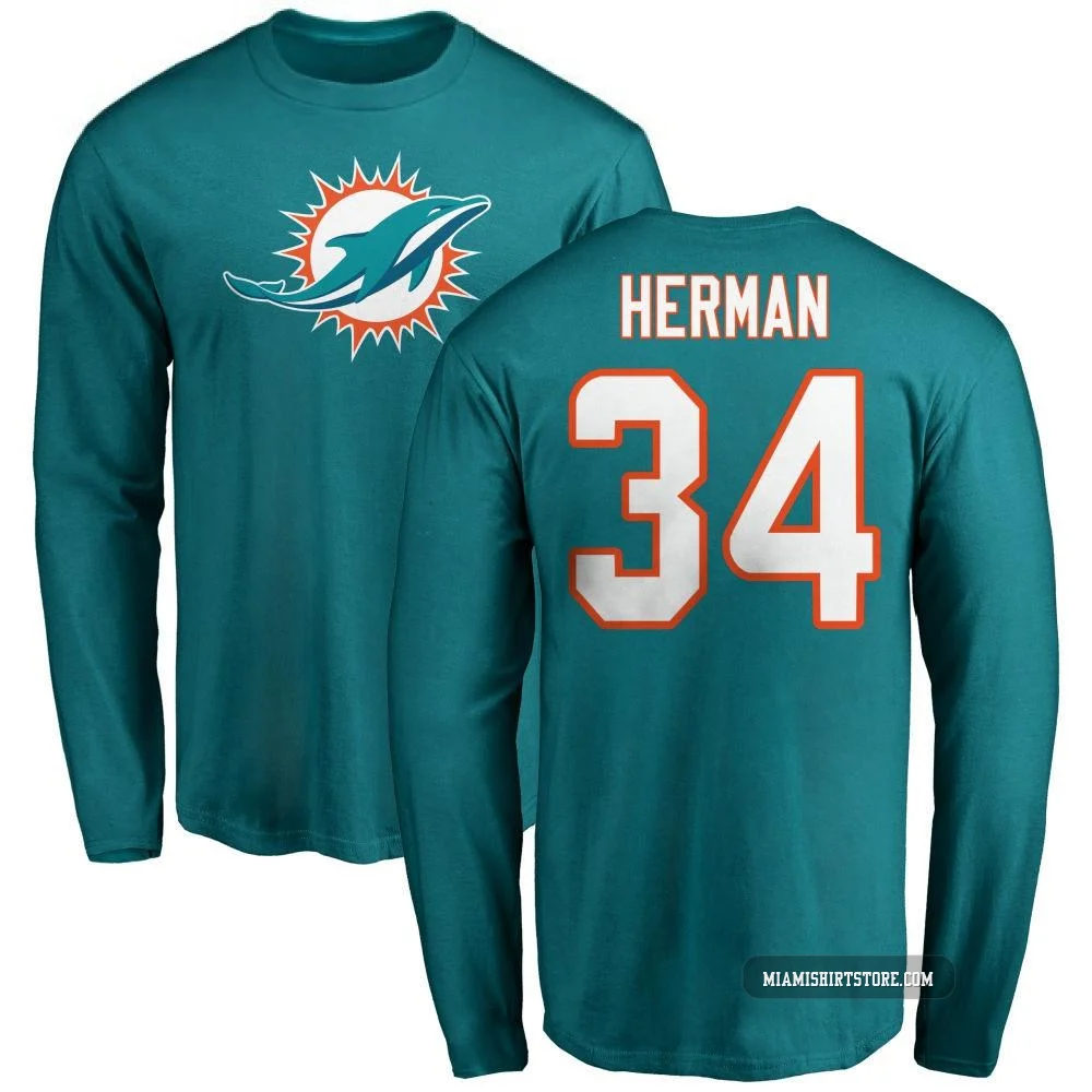 Youth DJ Herman Miami Dolphins ＃34 Aqua Pro Line Name & Number Logo Long Sleeve T-Shirt -