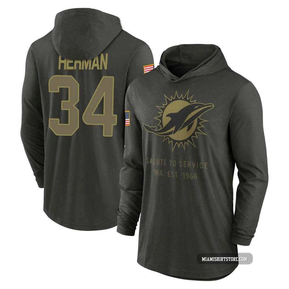 Youth DJ Herman Miami Dolphins ＃34 Forest/Green 2025 Salute to Service Sideline Lightweight Hooded Pullover Long Sleeve T-Shirt