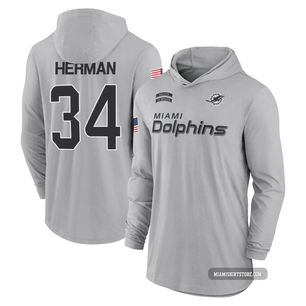 Youth DJ Herman Miami Dolphins ＃34 Gray 2024 Salute to Service Lightweight Performance Long Sleeve Hooded T-Shirt