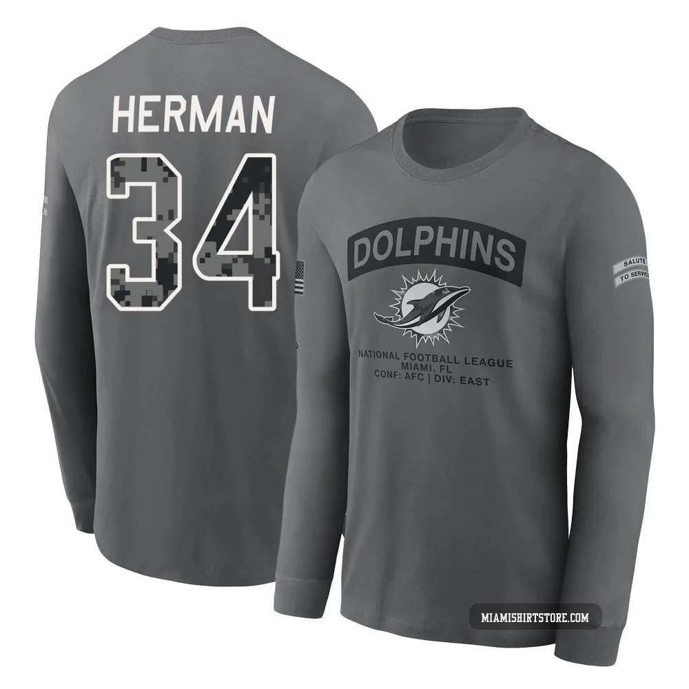 Youth DJ Herman Miami Dolphins ＃34 Gray 2026 Salute to Service Long Sleeve T-Shirt