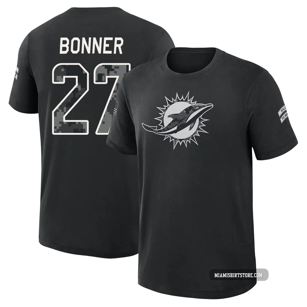 Youth Ethan Bonner Miami Dolphins ＃27 Black 2026 Salute to Service Slub T-Shirt