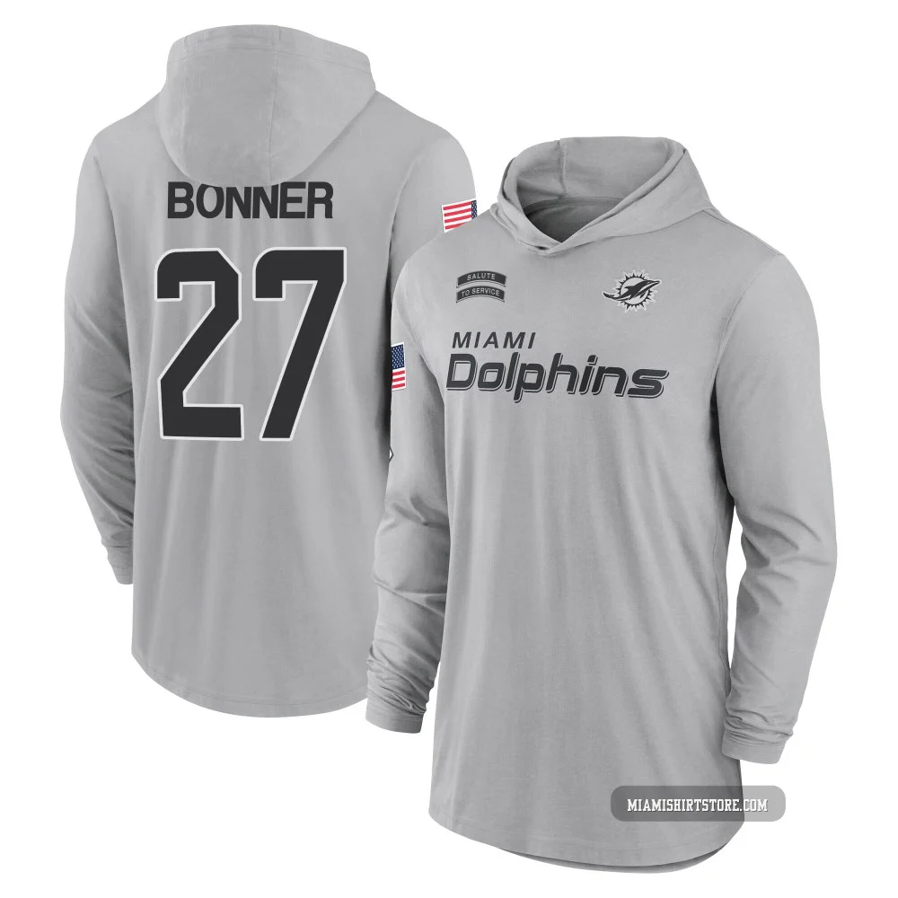 Youth Ethan Bonner Miami Dolphins ＃27 Gray 2024 Salute to Service Lightweight Performance Long Sleeve Hooded T-Shirt