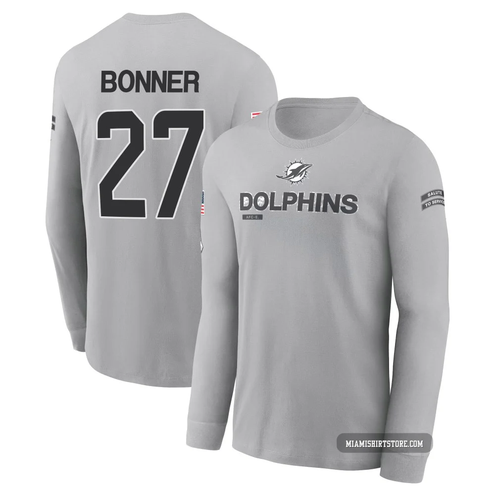 Youth Ethan Bonner Miami Dolphins ＃27 Gray 2024 Salute to Service Long Sleeve T-Shirt