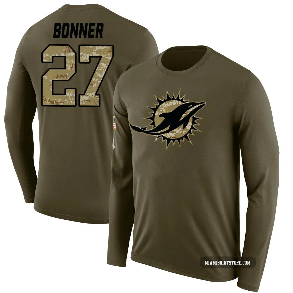 Youth Ethan Bonner Miami Dolphins ＃27 Legend Olive Salute to Service Sideline Long Sleeve T-Shirt