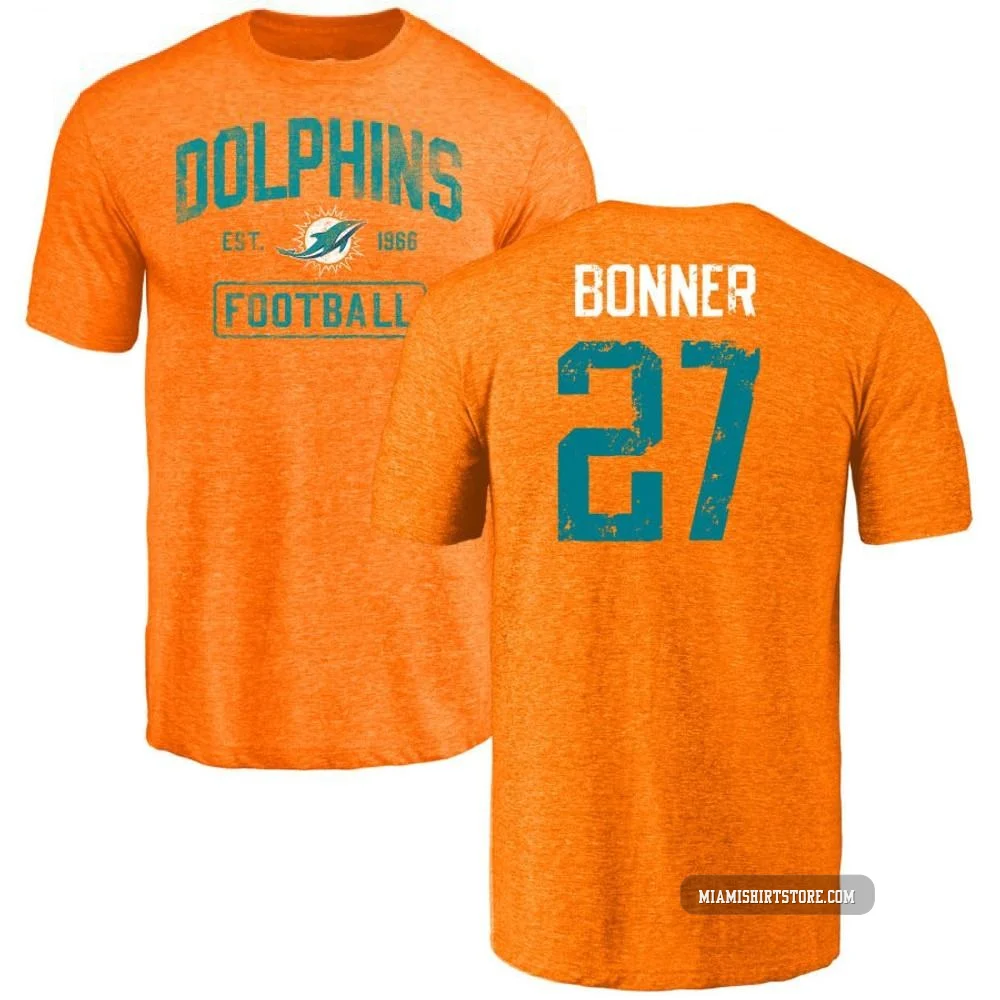 Youth Ethan Bonner Miami Dolphins ＃27 Orange Distressed Name & Number Tri-Blend T-Shirt