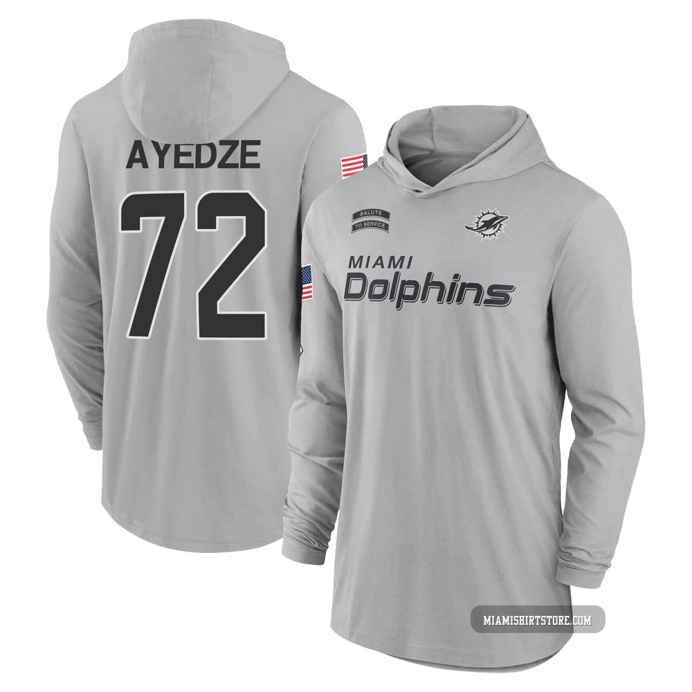 Youth Gottlieb Ayedze Miami Dolphins ＃72 Gray 2024 Salute to Service Lightweight Performance Long Sleeve Hooded T-Shirt