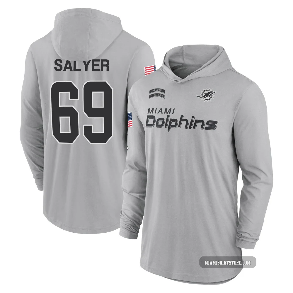 Youth Jamaree Salyer Miami Dolphins ＃69 Gray 2024 Salute to Service Lightweight Performance Long Sleeve Hooded T-Shirt