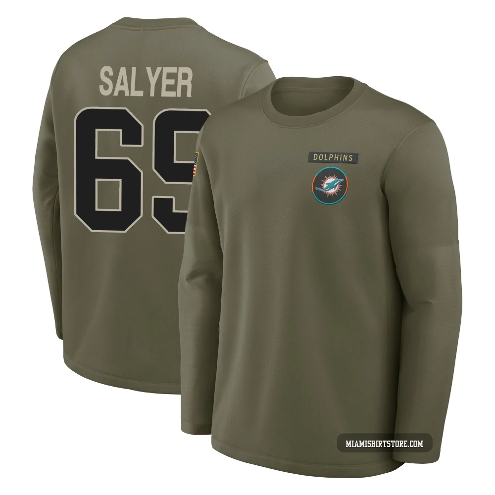 Youth Jamaree Salyer Miami Dolphins ＃69 Olive 2025 Salute to Service Sideline Coaches Long Sleeve T-Shirt