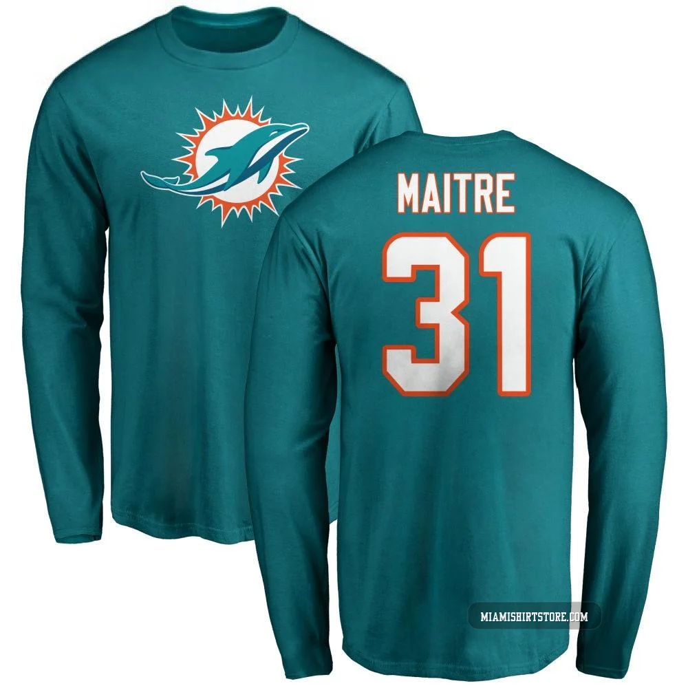 Youth Jason Maitre Miami Dolphins ＃31 Aqua Pro Line Name & Number Logo Long Sleeve T-Shirt -