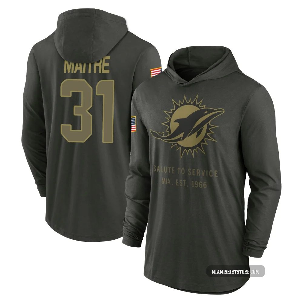 Youth Jason Maitre Miami Dolphins ＃31 Forest/Green 2025 Salute to Service Sideline Lightweight Hooded Pullover Long Sleeve T-Shi