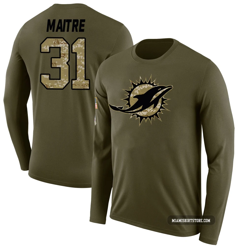 Youth Jason Maitre Miami Dolphins ＃31 Legend Olive Salute to Service Sideline Long Sleeve T-Shirt