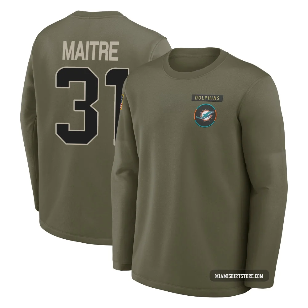 Youth Jason Maitre Miami Dolphins ＃31 Olive 2025 Salute to Service Sideline Coaches Long Sleeve T-Shirt