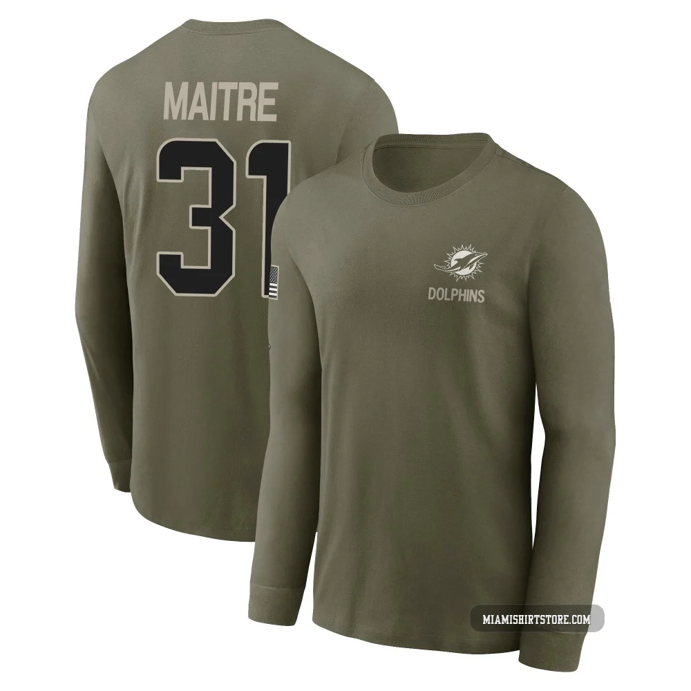 Youth Jason Maitre Miami Dolphins ＃31 Olive 2025 Salute to Service Sideline Long Sleeve T-Shirt
