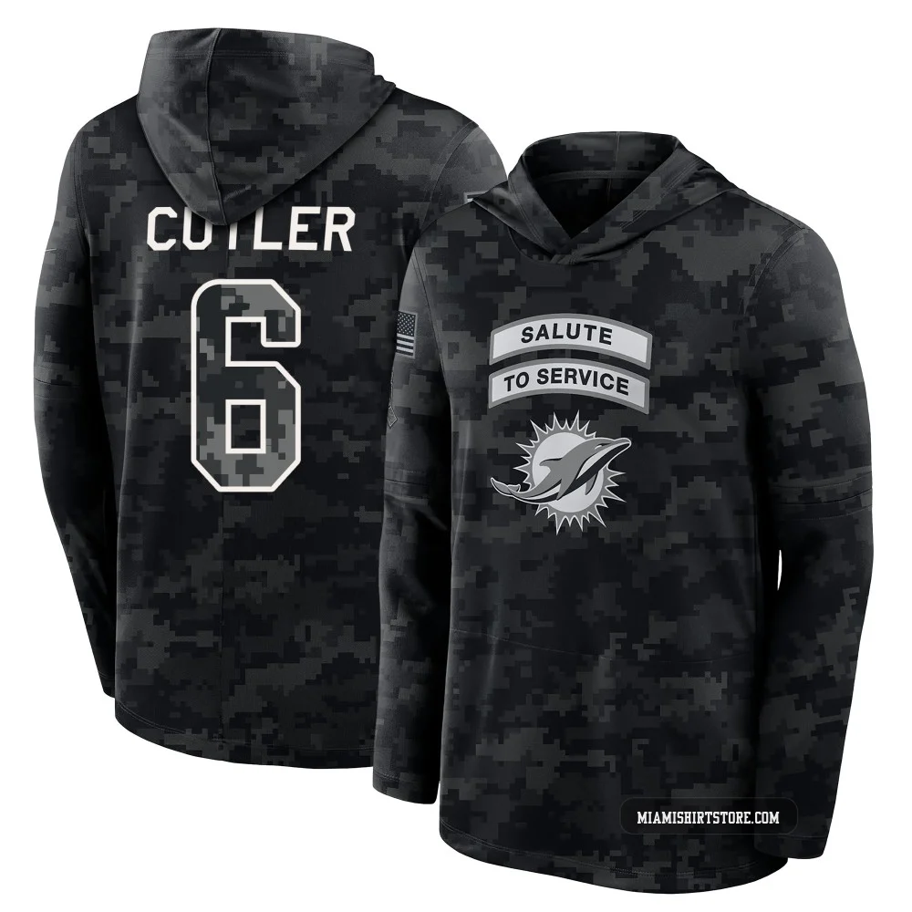 Youth Jay Cutler Miami Dolphins ＃6 Black 2026 Salute to Service Sideline Lightweight Hooded Long Sleeve T-Shirt