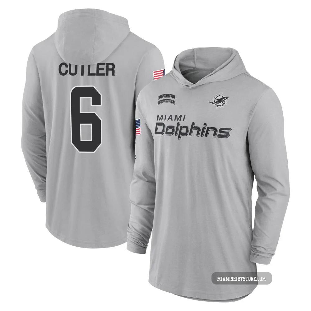Youth Jay Cutler Miami Dolphins ＃6 Gray 2024 Salute to Service Lightweight Performance Long Sleeve Hooded T-Shirt