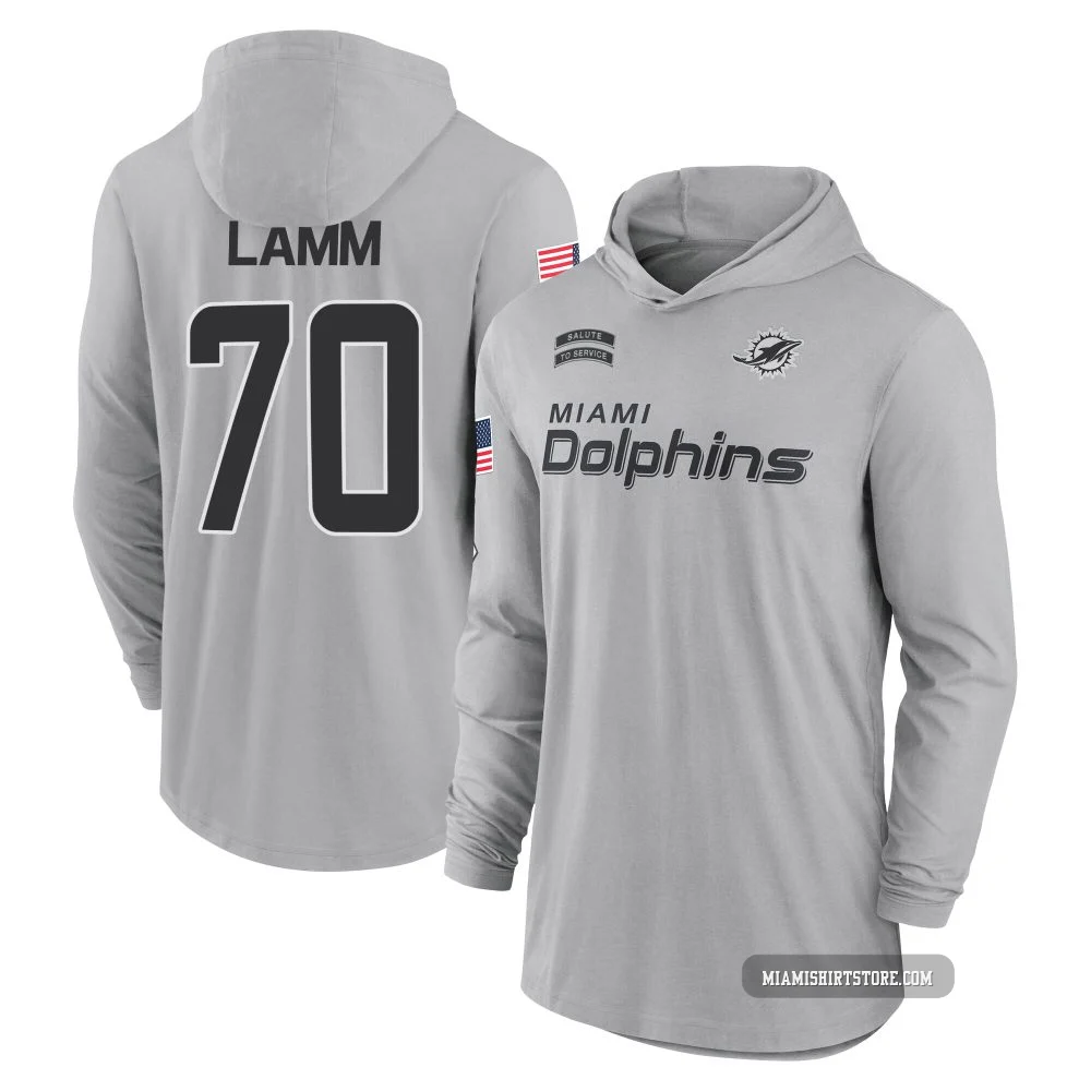 Youth Kendall Lamm Miami Dolphins ＃70 Gray 2024 Salute to Service Lightweight Performance Long Sleeve Hooded T-Shirt