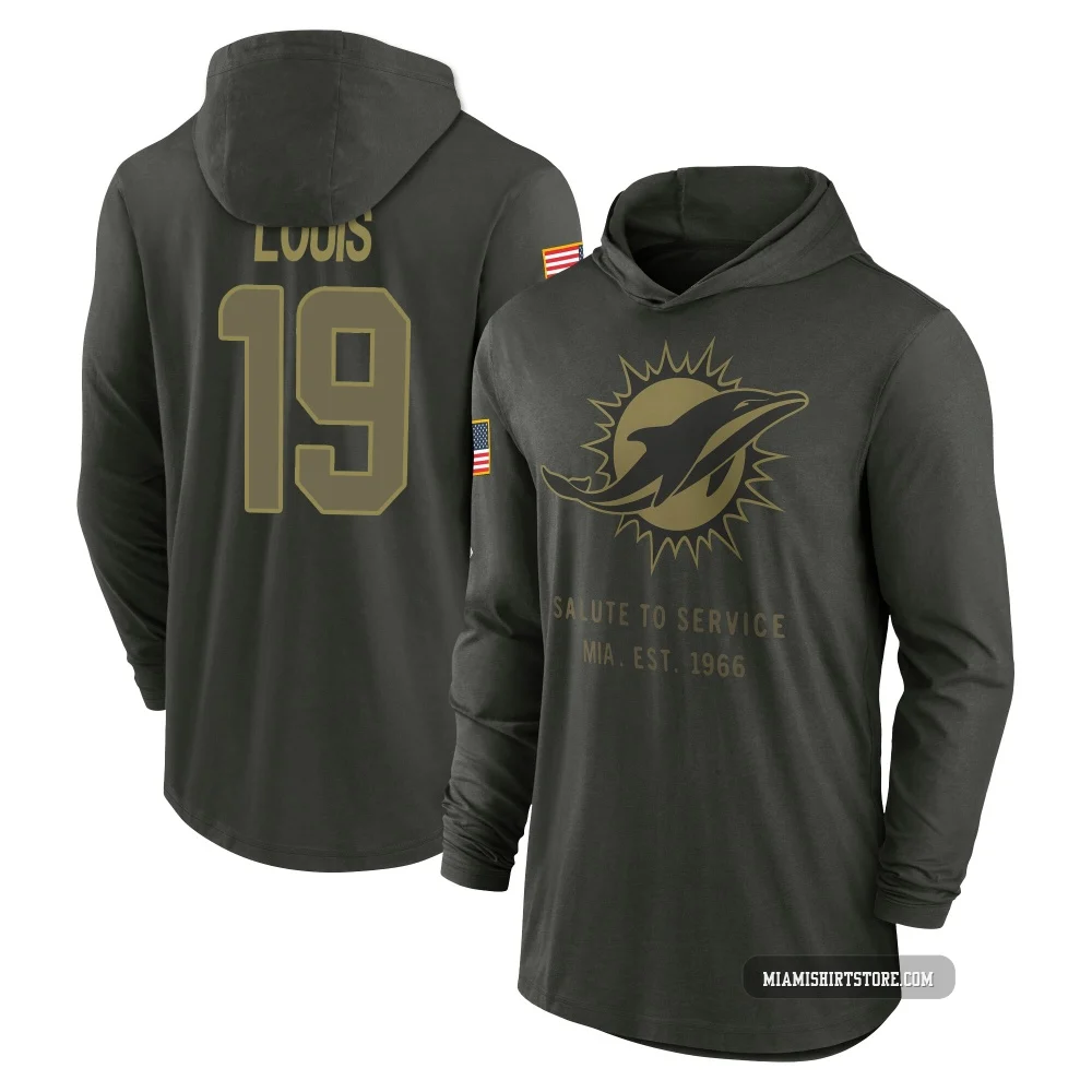 Youth Kyle Louis Miami Dolphins ＃19 Forest/Green 2025 Salute to Service Sideline Lightweight Hooded Pullover Long Sleeve T-Shirt