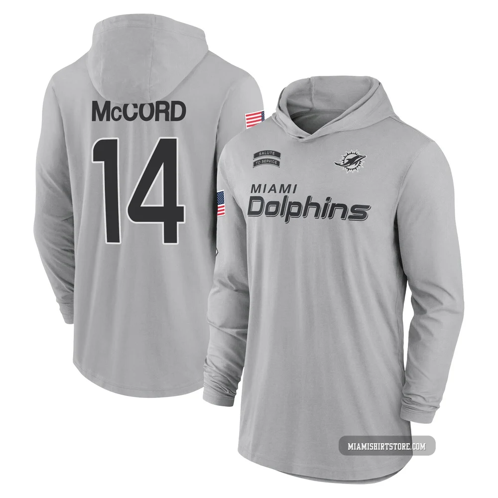 Youth Kyle McCord Miami Dolphins ＃14 Gray 2024 Salute to Service Lightweight Performance Long Sleeve Hooded T-Shirt