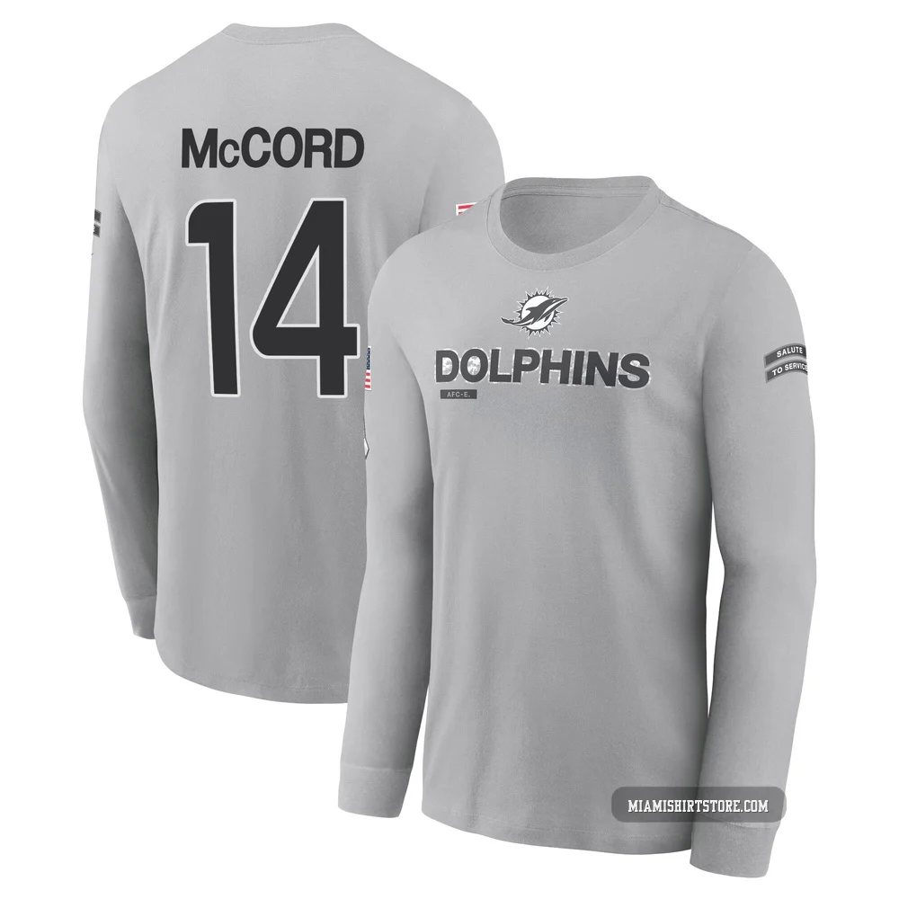 Youth Kyle McCord Miami Dolphins ＃14 Gray 2024 Salute to Service Long Sleeve T-Shirt