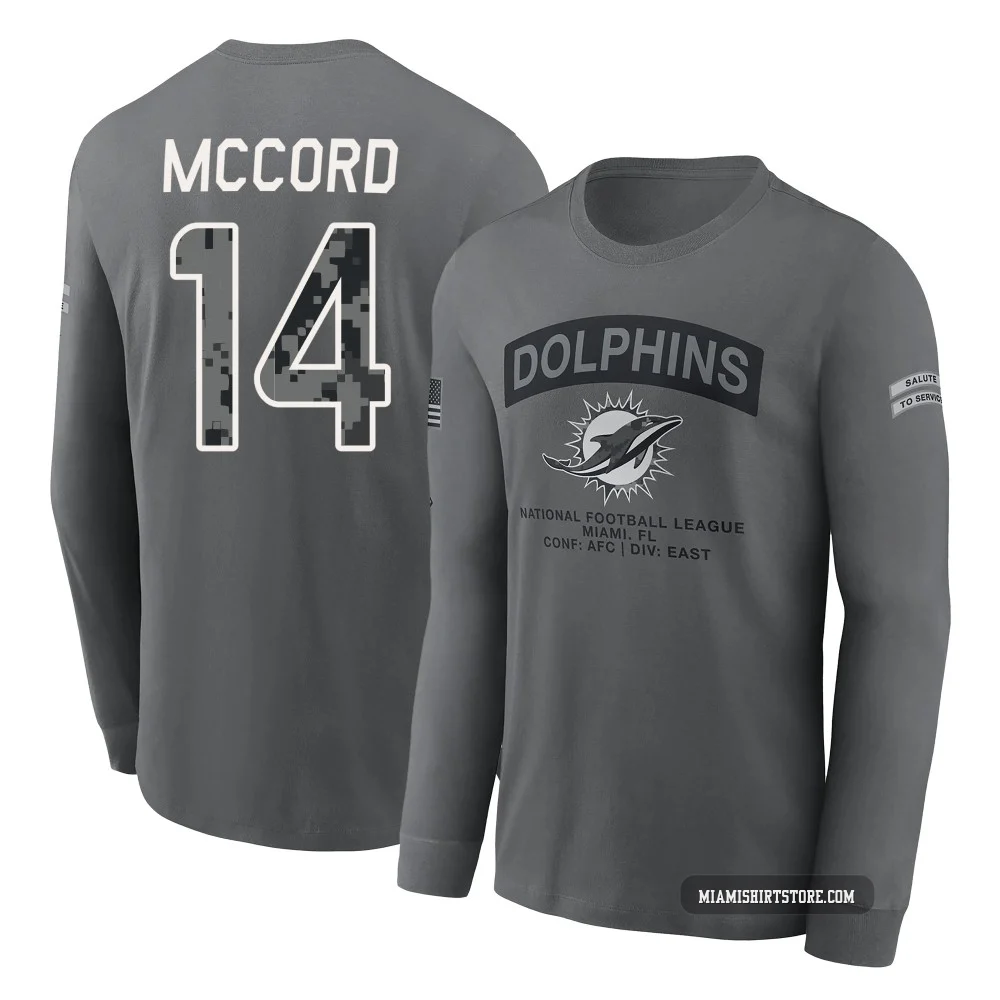 Youth Kyle McCord Miami Dolphins ＃14 Gray 2026 Salute to Service Long Sleeve T-Shirt